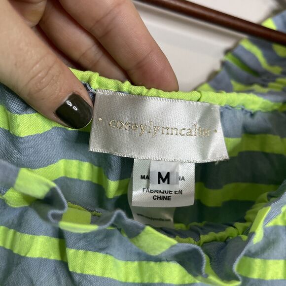 CoreyLynnCalter Bayside  Green Blue Striped Off Shoulder Flutter Dress Womens M - Picture 7 of 10